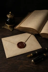 Versiegelter Briefumschlag mit Wachssiegel und Federkiel