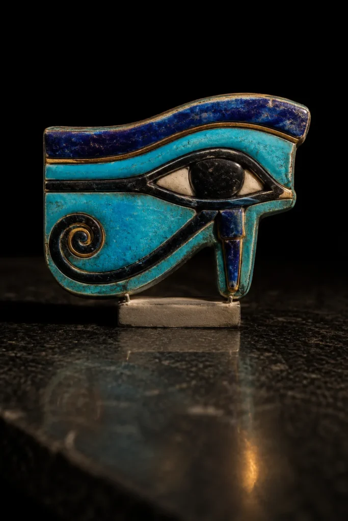 Egyptian Wedjat eye as a faience amulet in turquoise and lapis blue