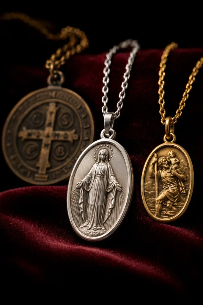 Drei christliche Schutzmedaillen — Benediktusmedaille, Wunderbare Medaille und Christophorus-Medaille — auf dunklem Samt