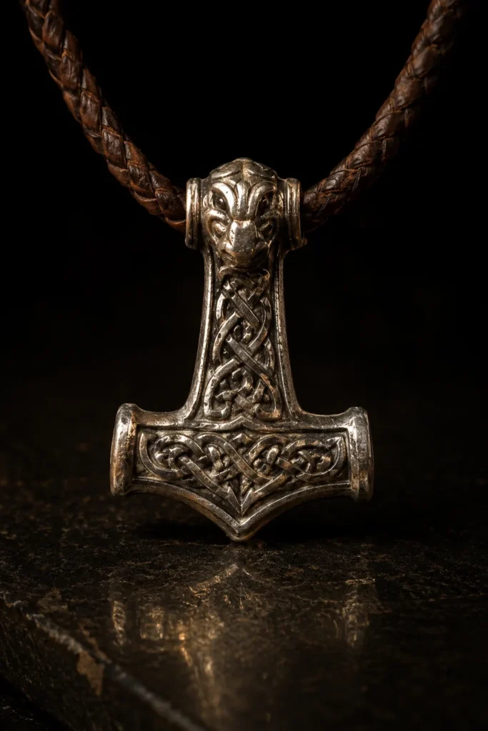 Silver Thor's Hammer pendant (Mjölnir) in Viking-Age style with knotwork