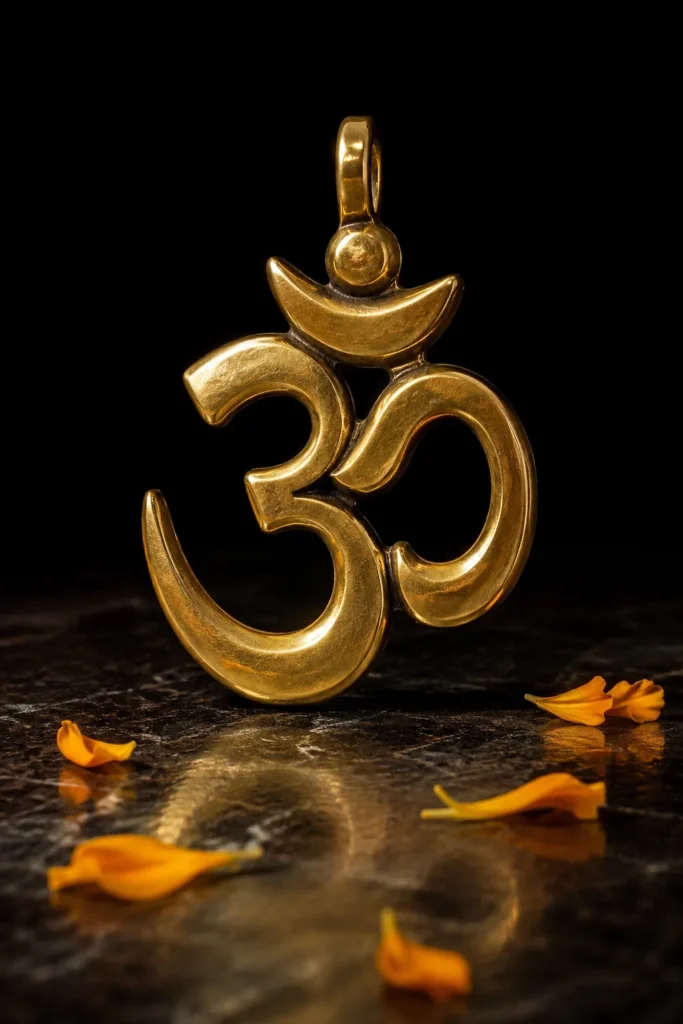Om-Symbol als goldfarbener Messing-Anhänger mit Ringelblumenblüten auf dunklem Stein