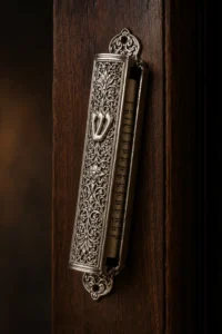 Silberne Mezuzah-Hülle mit shin-Buchstabe und sichtbarem Klaf-Pergament am dunklen Türpfosten