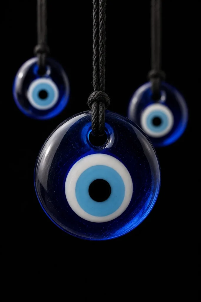 Drei traditionelle türkische nazar boncuğu Schutzaugen aus blauem Glas mit konzentrischen Ringen vor dunklem Hintergrund