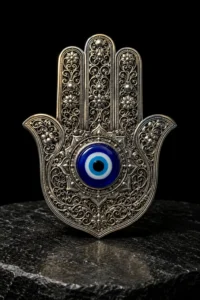 Hamsa Schutzsymbol als silberner Filigran-Anhänger mit blauem Auge auf dunklem Steinhintergrund
