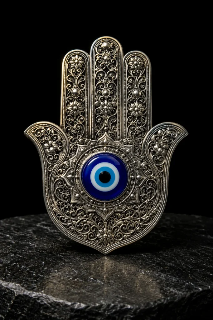 Hamsa Schutzsymbol als silberner Filigran-Anhänger mit blauem Auge auf dunklem Steinhintergrund