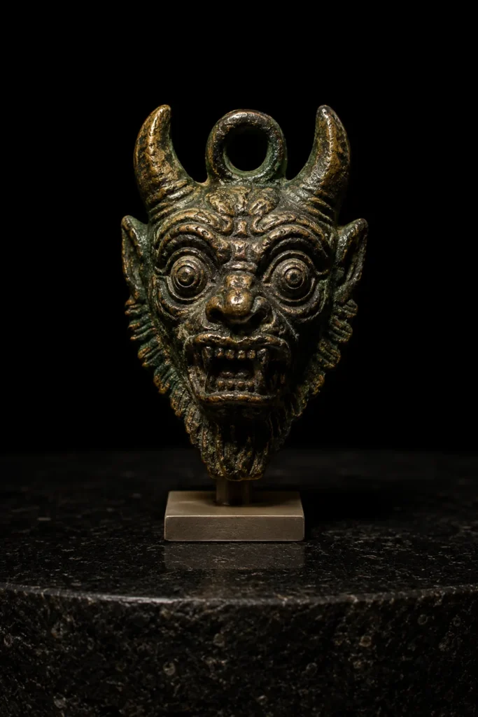 Bronzenes Pazuzu-Kopfamulett aus Mesopotamien mit Aufhängeöse auf dunklem Steinhintergrund
