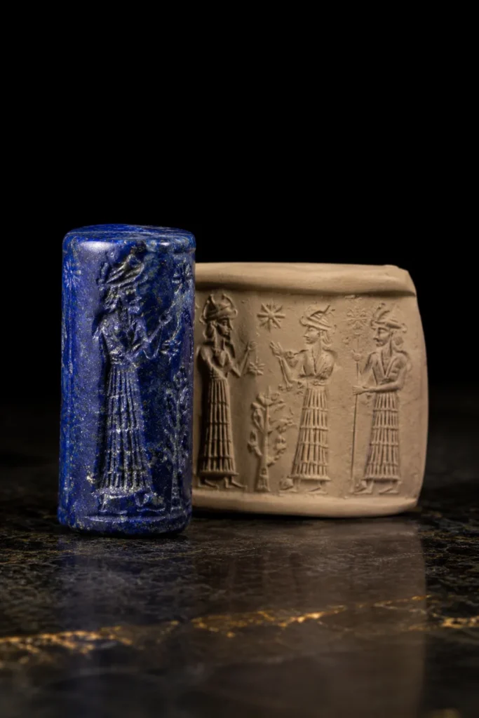 Cylinder seal: protective symbol, museum-style illustration