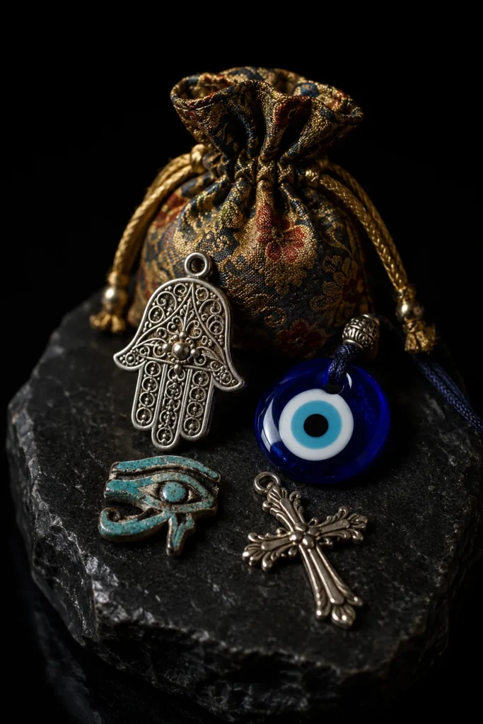 Sammlung von Schutzamuletten verschiedener Kulturen — Hamsa, Nazar, Horusauge, Kreuz und Schutzbeutel — auf dunklem Stein