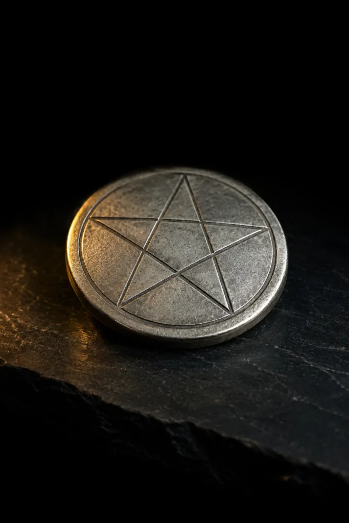Pentagramm als graviertes Pentakel-Amulett aus Zinn-Silber auf dunklem Schiefer