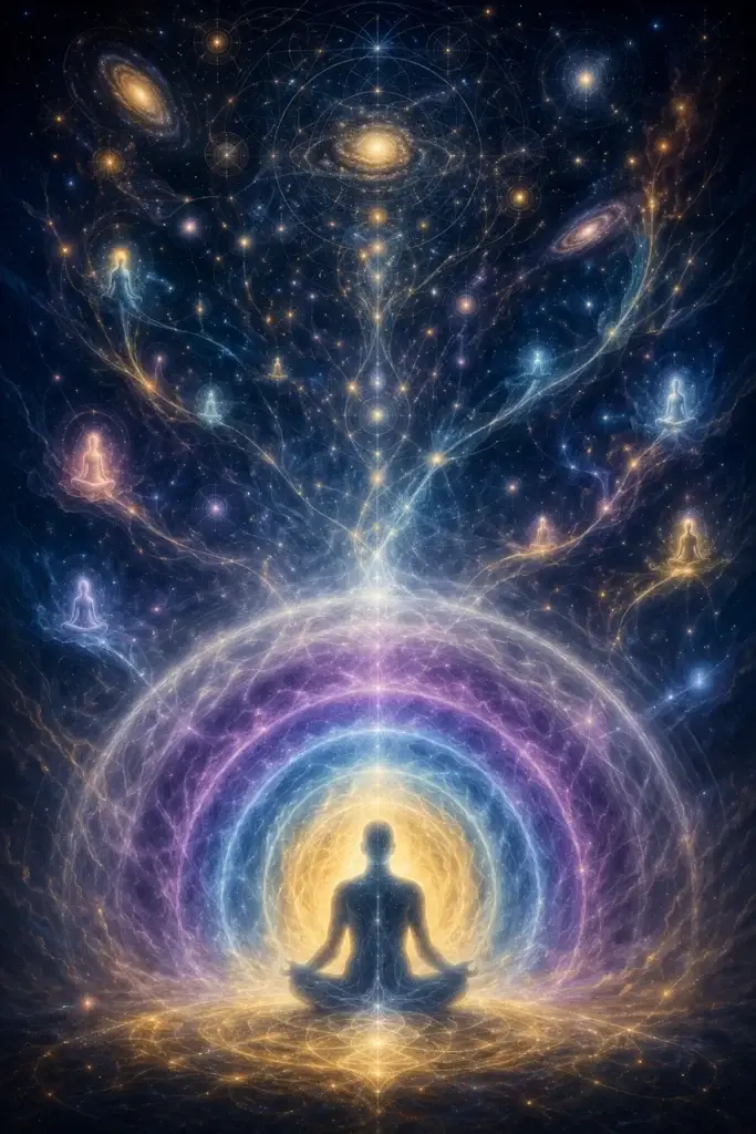 Meditierende Silhouette mit konzentrischen Aura-Schichten in kosmischem Sternenraum