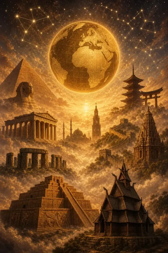 Welt-Mythologien als Komposition mit Pyramide, Tempel, Pagode, Steinkreis, Stabkirche