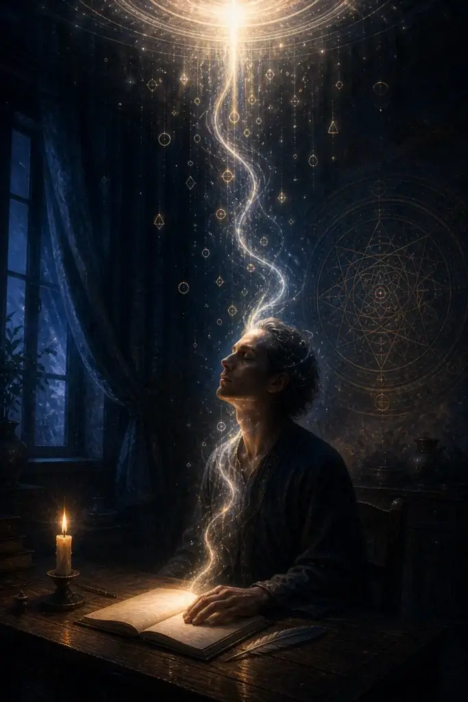 Sitzende Person in Trance mit silbern-goldenem Lichtstrang nach oben