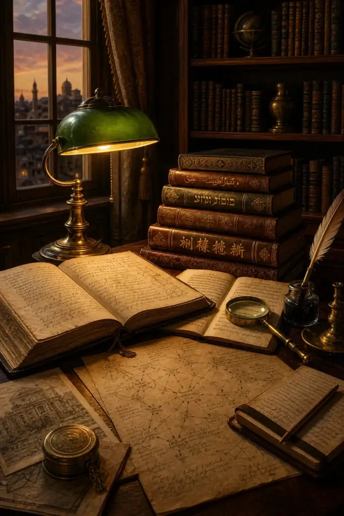 Schreibtisch-Stilleben mit Büchern, Lupe, Schreibfeder, Quellenkarte
